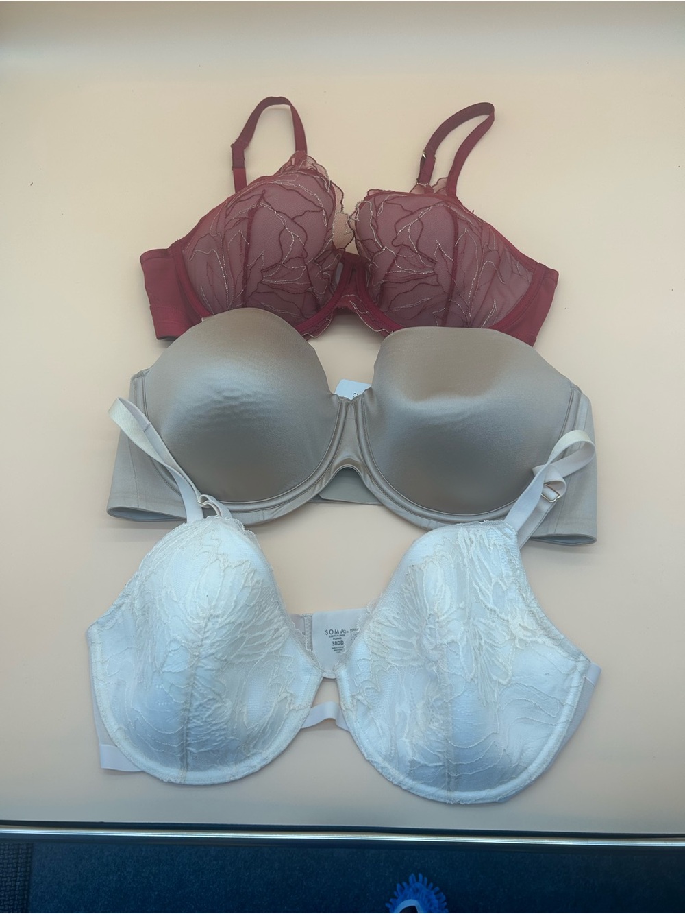 Soma 3-Pack Bras in red & gold, Beige, & champagne with removable straps